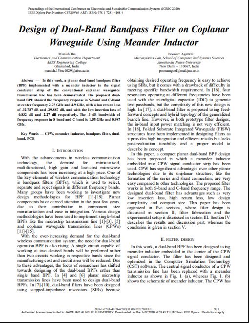 Design of Dual-Band Bandpass Filter on Coplanar Waveguide Using Meander Inductor